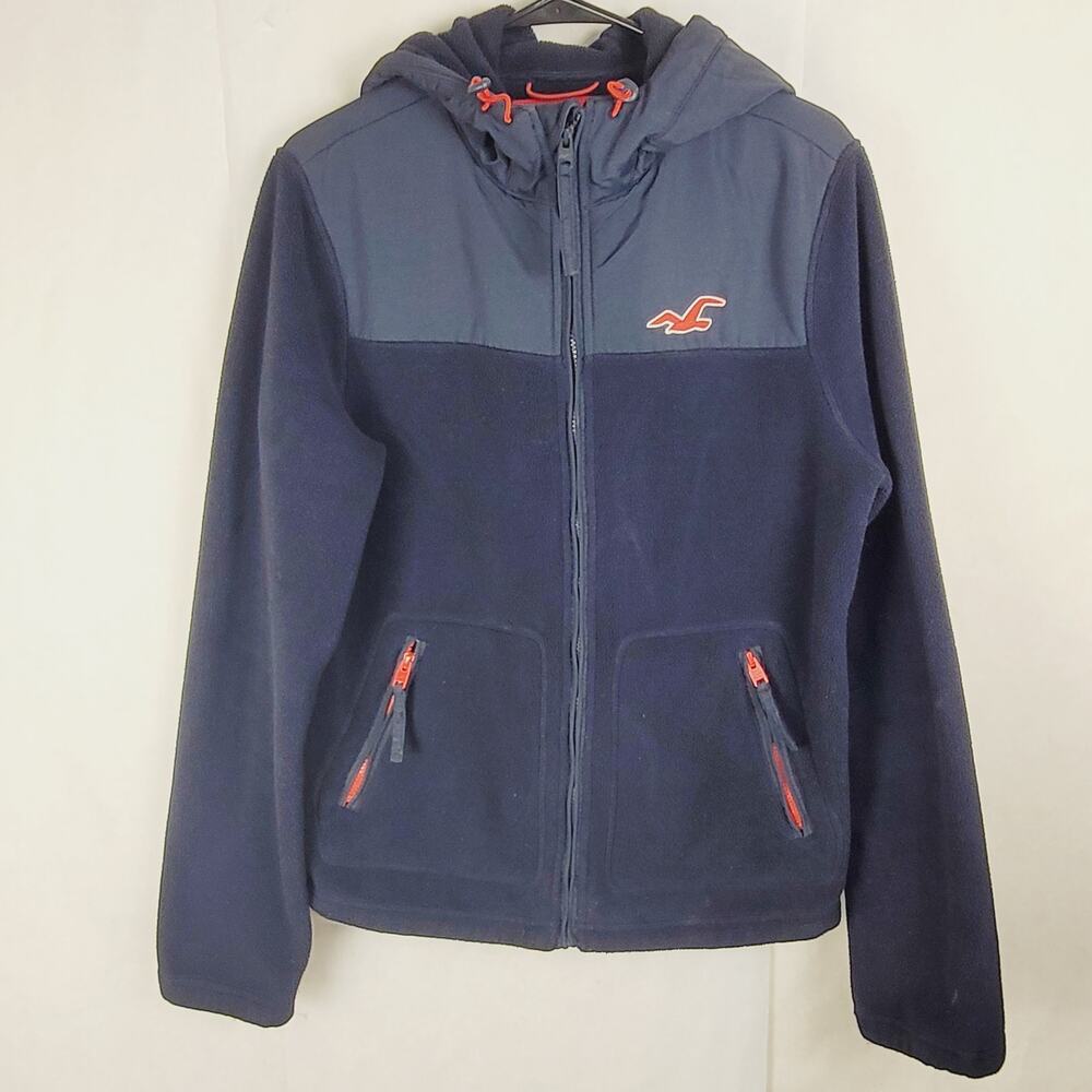 Hollister navy blue full zip hooded fleece jacket mens Size medium Y2K Cozycore